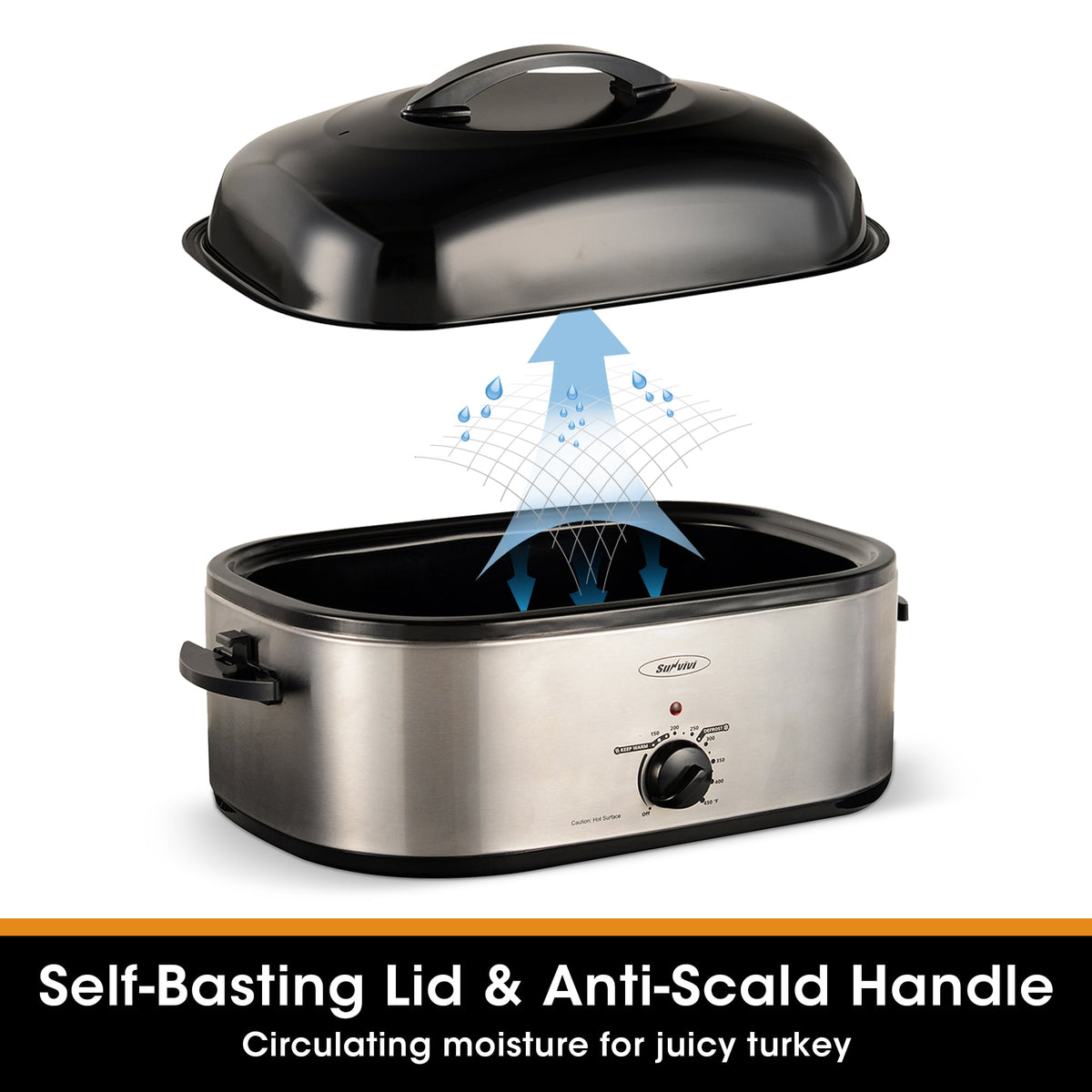 RoyalCraft 26 Quart Electric Turkey Roaster Oven with Visible & Self-Basting Lid, Stainless Steel