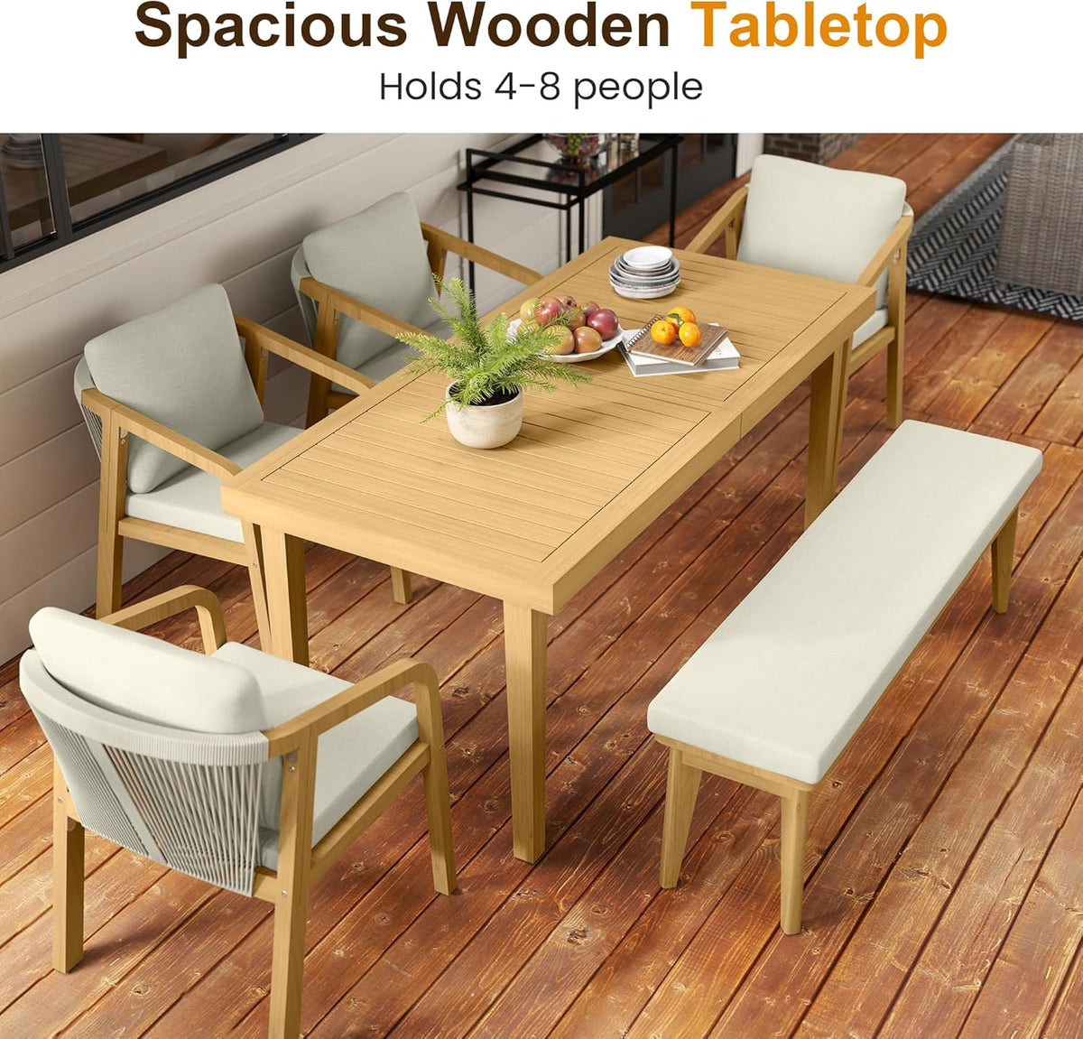 RoyalCraft Acacia 3 Pieces Patio Dining Set with Dining Table and Bench, All-Weather Wood Bench with Cushions, Modern Outdoor Dining Furniture Set for Lawn, Backyard, Garden, Deck, Beige