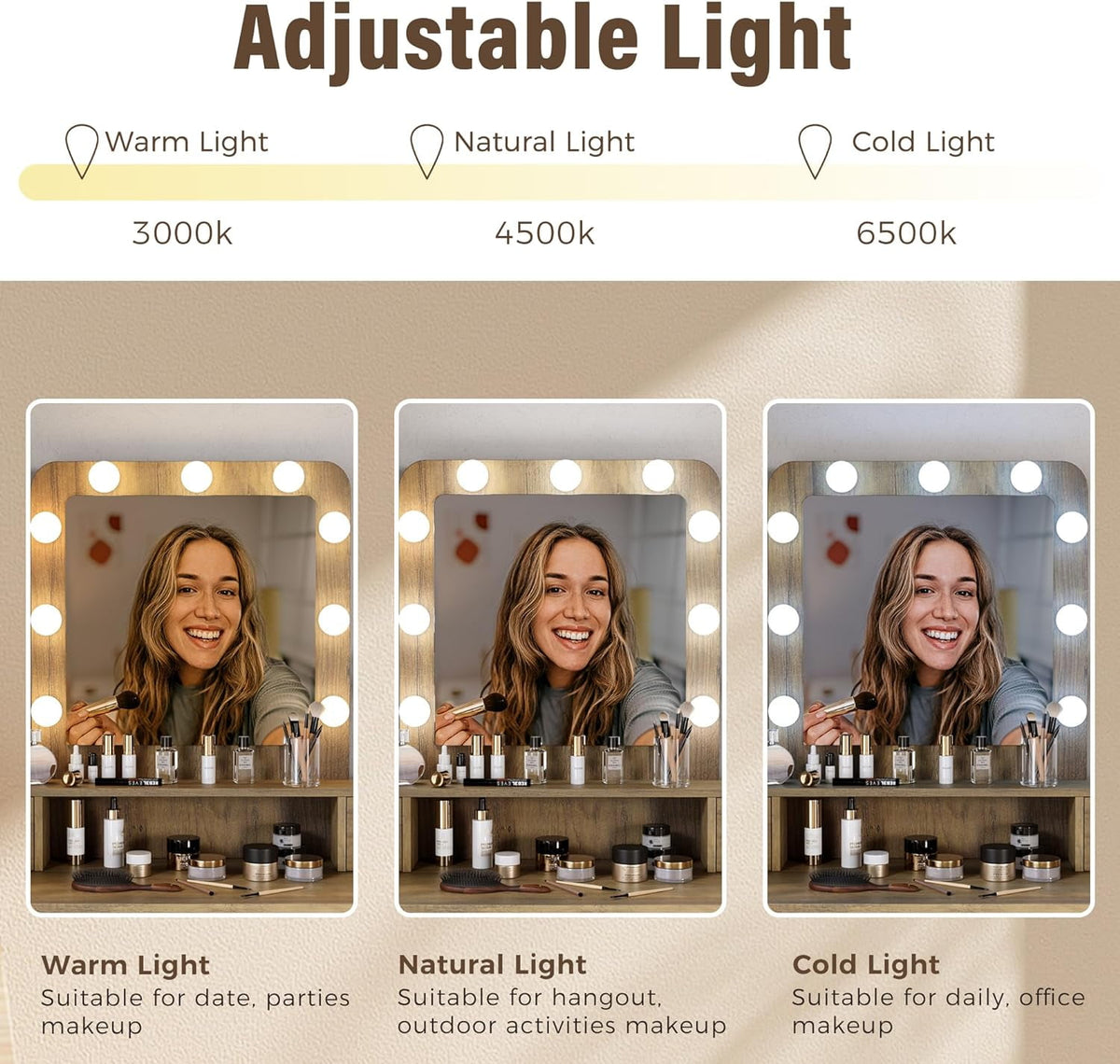 Superjoe Makeup Vanity with 3 Color Dimmable Lighted Hollywood Mirror, Vanity Table with 4 Drawers for Women Girls, Dressing Desk for Bedroom, Beauty Room, Brown