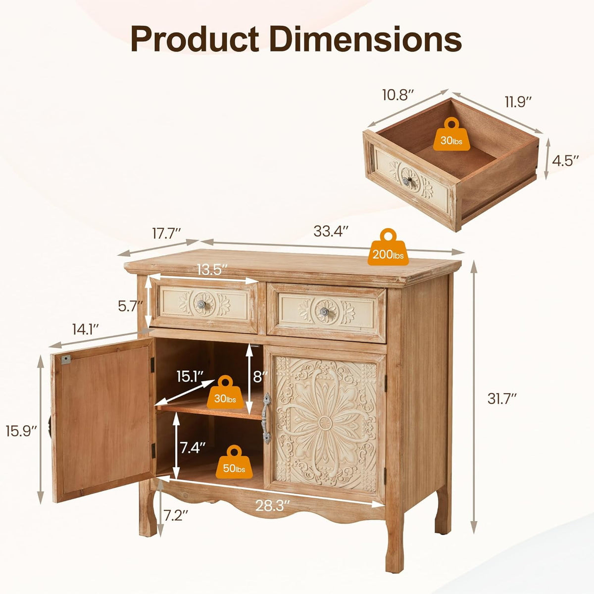 RoyalCraft Storage Cabinet with Drawers and Doors, Kitchen Sideboard Cabinet, Accent Buffet Server Cabinet, Wood Cabinet Organizer for Hallway, Dining Room, Living Room
