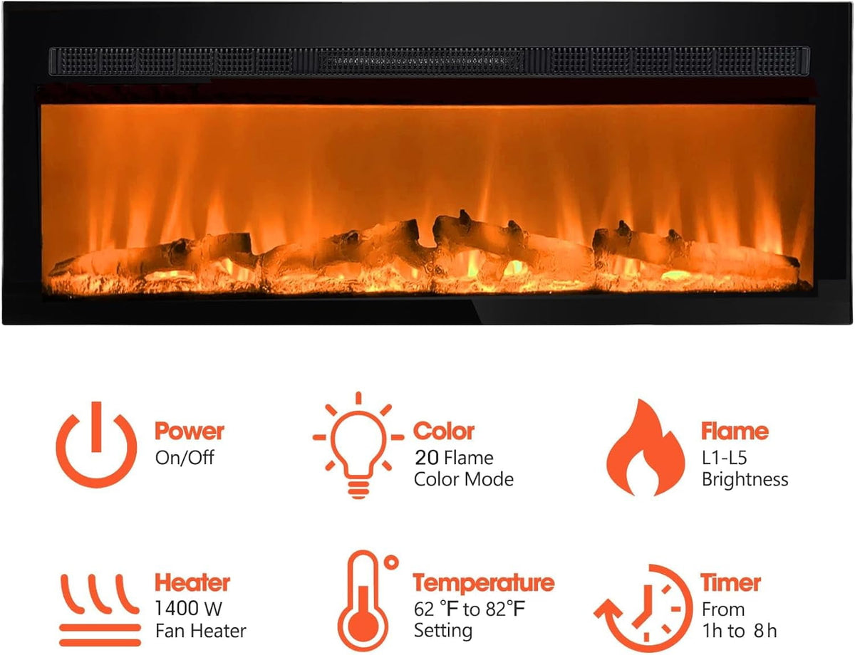 Royalcraft 50 Inch Recessed and Wall Mounted Electric Fireplace, Low Noise Fireplace Heater with 20 Multicolor Flames and 8h Timer, 1400W Heater with Touch Screen and Remote Control, Black