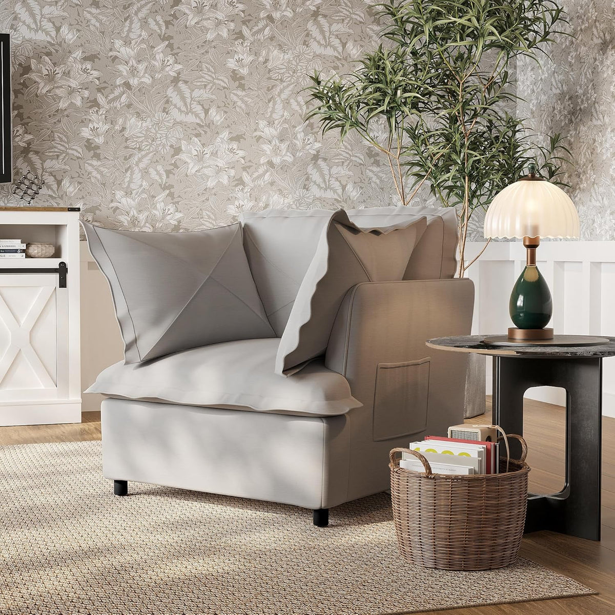 CozyHome Oversized Accent Chair, Mid Century Modern Armchair with Wide Backrest, Comfy Upholstered Reading Single Sofa Chair with 2 Pillows for Living Room, Bedroom, Grey