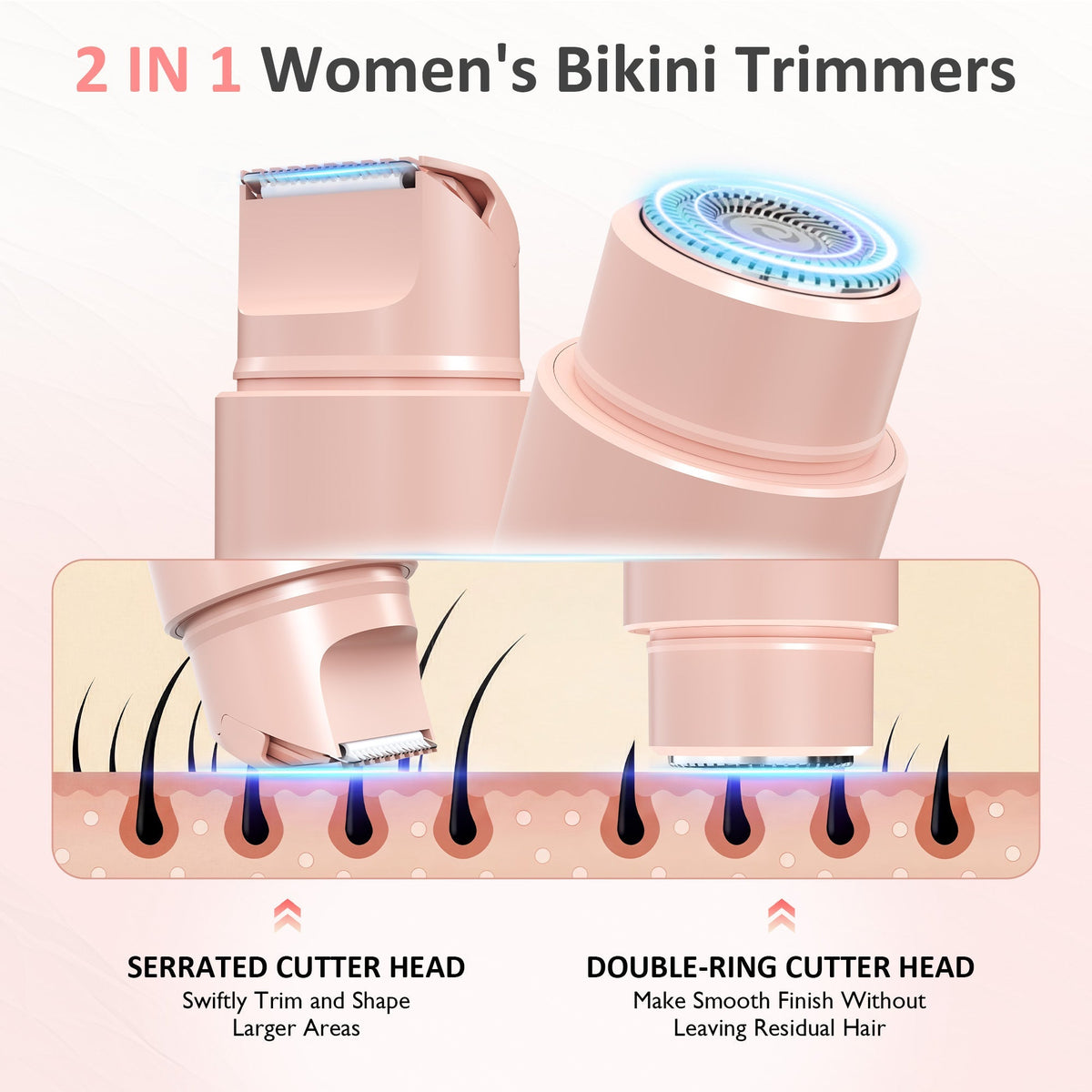 Royalcraft Versatile 2-in-1 Electric Bikini Trimmer for Women: Waterproof Pubic Razor for Face Body Bikini Underarm Leg Arm, Pink