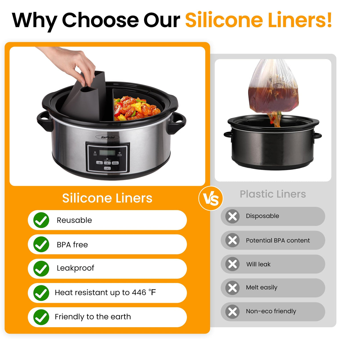 Royalcraft 2-in-1 Silicone Slow Cooker Liners, Reusable Divider Insert for 6QT Crock Pot, Bpa Free, Dishwasher Safe, Grey