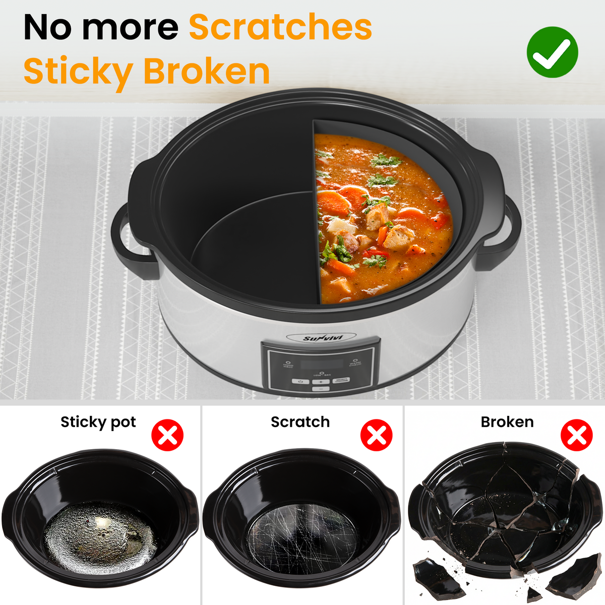 Royalcraft 2-in-1 Silicone Slow Cooker Liners, Reusable Divider Insert for 6QT Crock Pot, Bpa Free, Dishwasher Safe, Grey