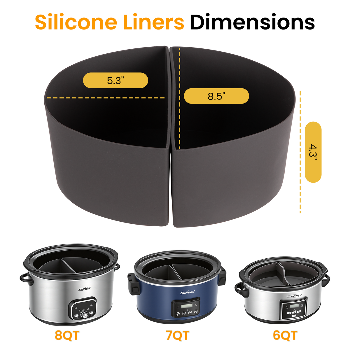 Royalcraft 2-in-1 Silicone Slow Cooker Liners, Reusable Divider Insert for 6QT Crock Pot, Bpa Free, Dishwasher Safe, Grey