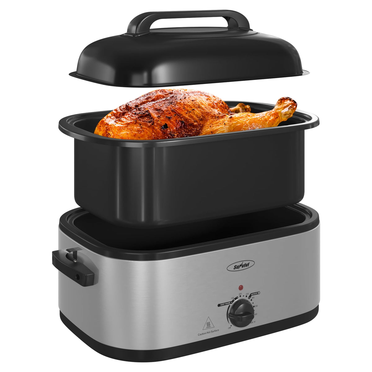 Royalcraft 14 Quart Electric Roaster with Self-Basting Lid, Turkey Roaster Oven with Removable Pan and Rack, Stainless Steel, White
