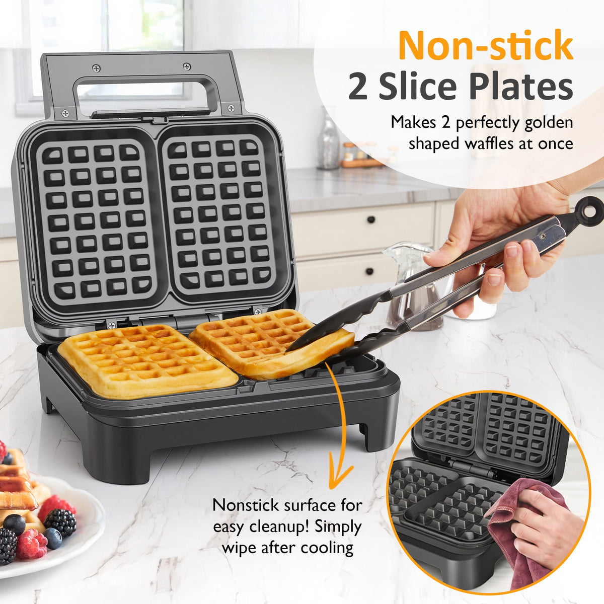 Royalcraft Nonstick Waffle Machine, 2 Slices Waffle Iron, Electric Breakfast Maker with Temp Control & Indicator Light, Easy to Clean, Black