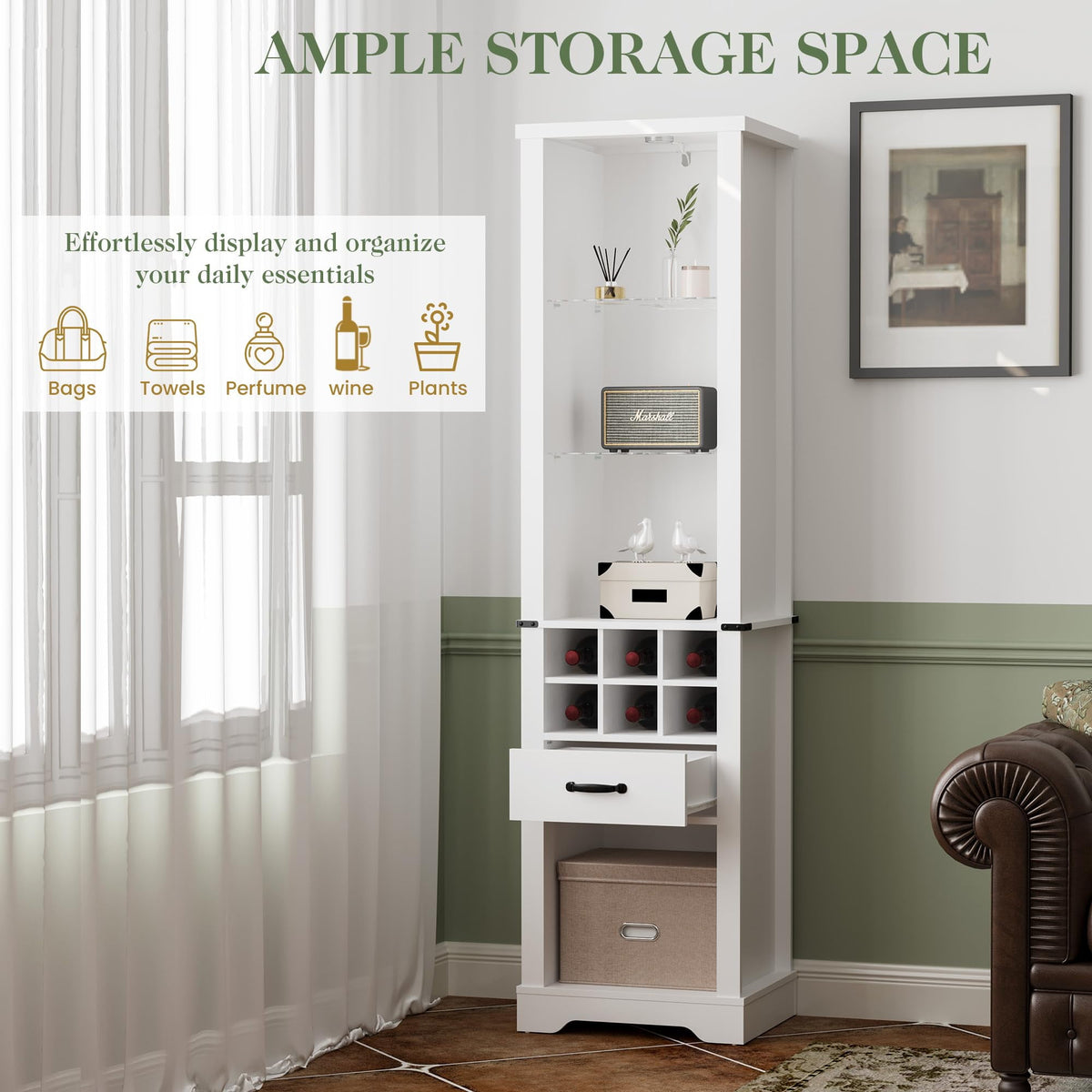 Royalcraft 75'' Tall Storage Cabinet with LED Light, Farmhouse Pantry Cabinet with Tempered Glass Adjustable Shelves & Wine Storage Rack, Freestanding Linen Tower for Bathroom, Living Room,White