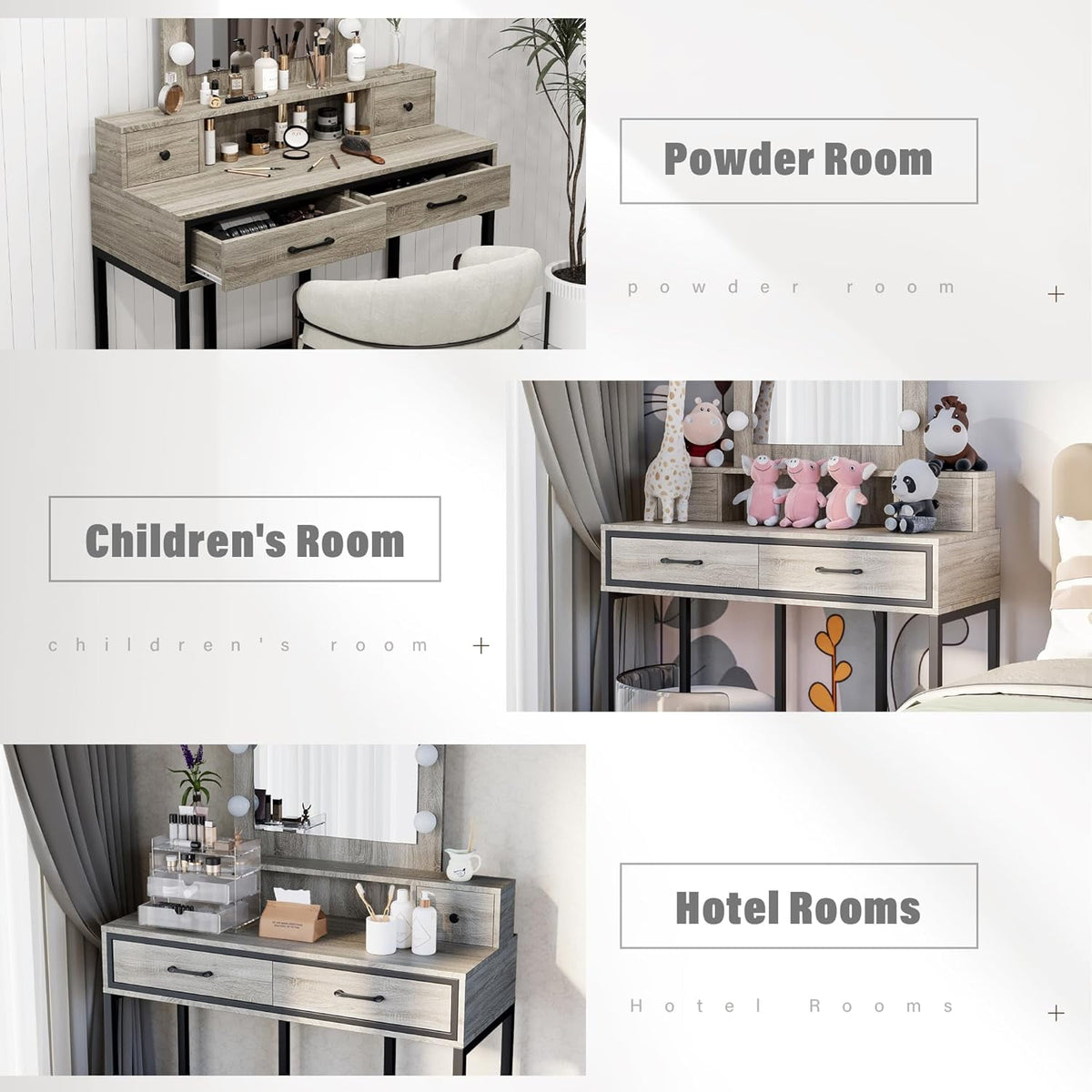 Superjoe Makeup Vanity 3 Color Hollywood Mirror with Dimmable Lighted, Vanity Table with 4 Drawers for Women Girls, Dressing Desk for Bedroom, Beauty Room, Light Gray