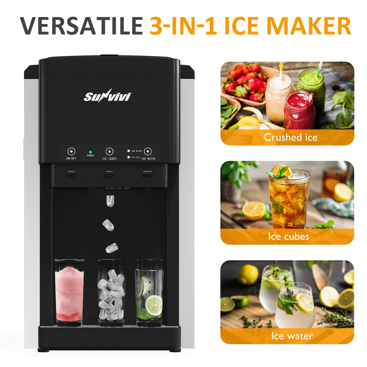 Royalcraft 3 in 1 Water Dispenser with Ice Maker, Ice Crushing & Ice Water, Nugget Ice Maker Countertop, 44lbs in 24Hrs, 12 Ice Cubes in 6 Mins, Ice Dispenser, Ideal for Home, Kitchen, RV
