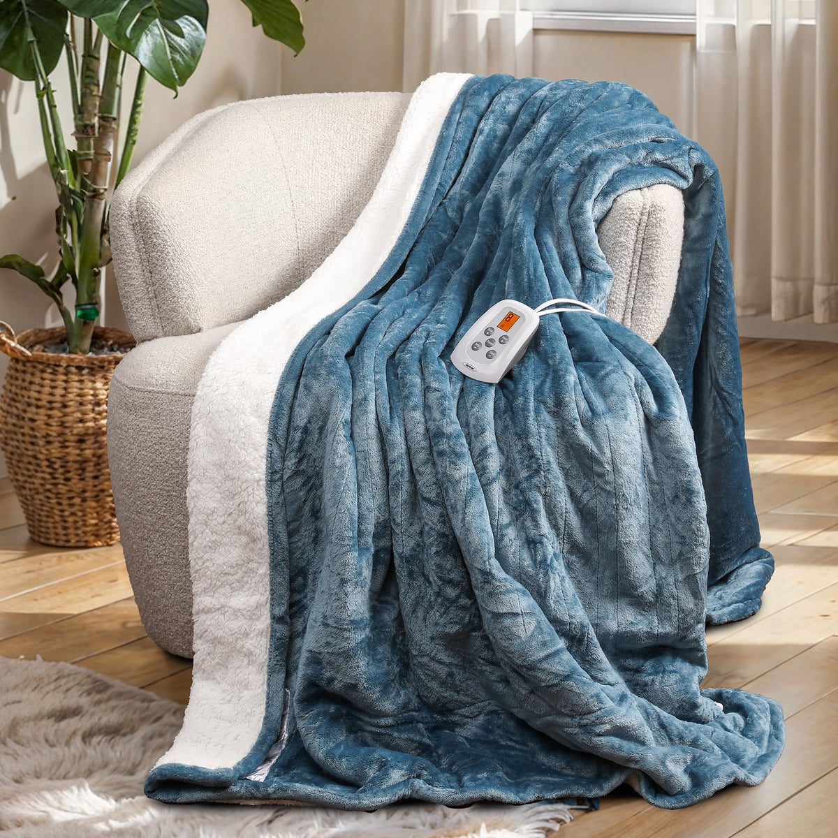 RoyalCraft Electric Heated Blanket, 84" x 62" Twin Size Electric Blanket with 10 Heating Levels and 12 Hours Auto-Off, Soft Flannel and Sherp Blanket with ETL & FCC Certification, Blue