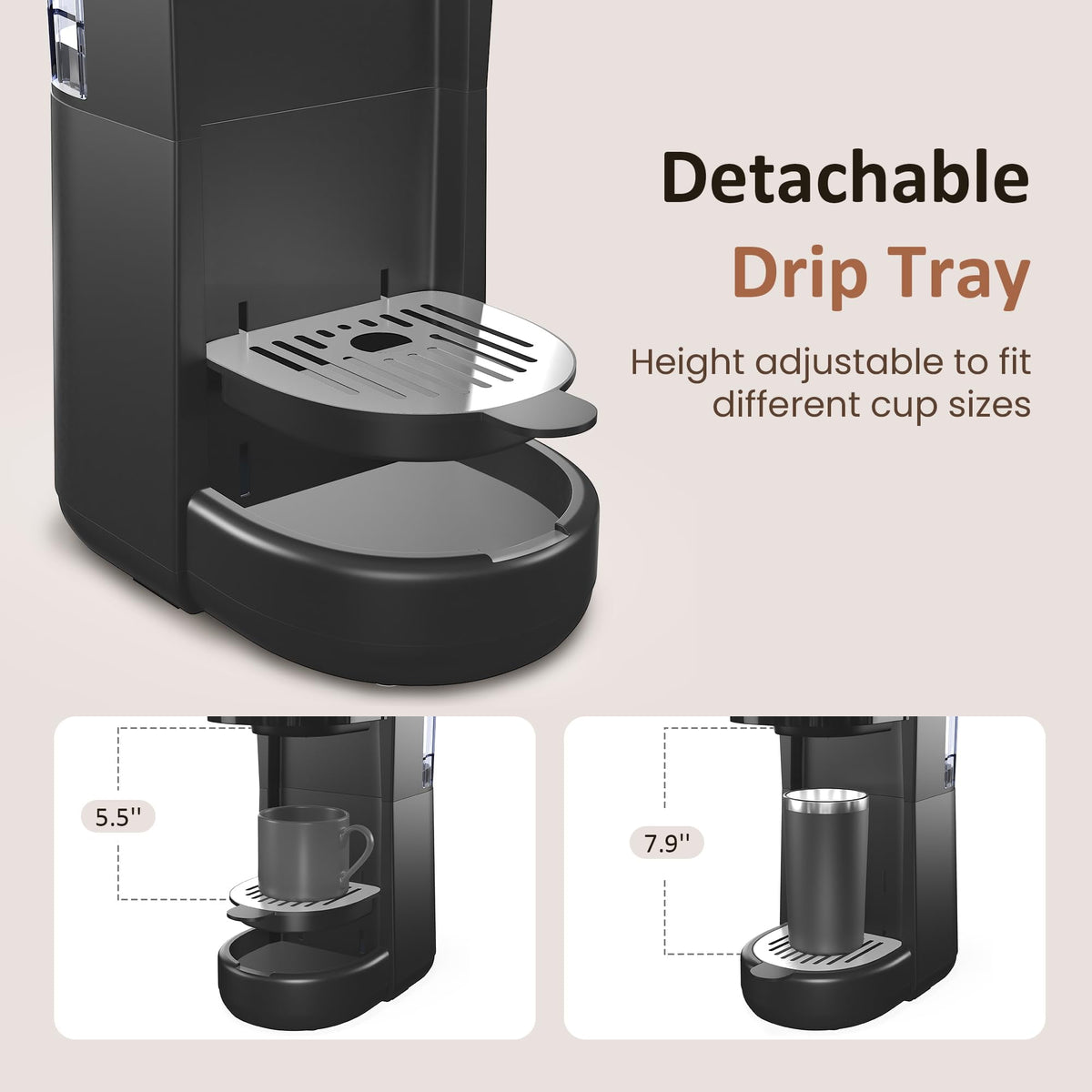 Royalcraft Single Serve Coffee Maker, Coffee Brewer with 3 Brewing Options for K Cup Pod or Ground Coffee, 30oz Removable Water Reservoir , Black