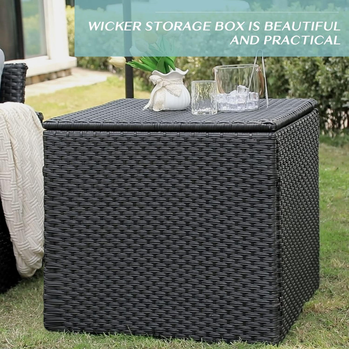 Royalcraft Outdoor Deck Storage Box, Waterproof Outside Patio Rattan Wicker Storage Bin Container with Liner, Large Box for Cushions, Pool Toys and Garden Tools