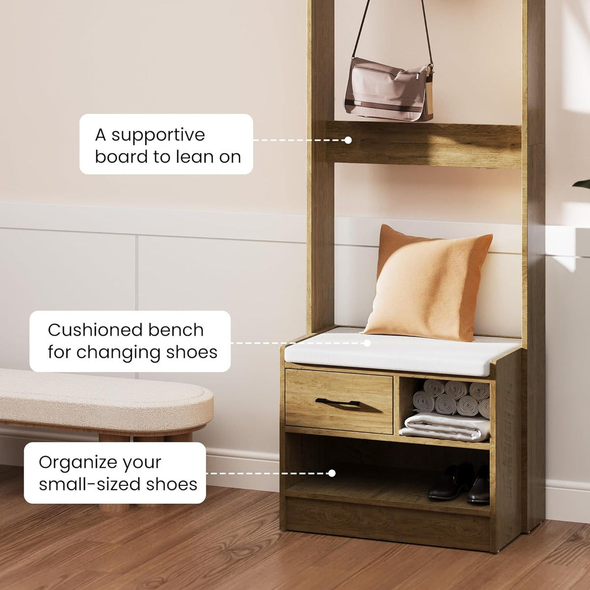 Royalcraft Hall Tree with Bench, Entryway Bench with Coat Rack, Shoe Storage, Soft Cushion, Wood Entryway Furniture
