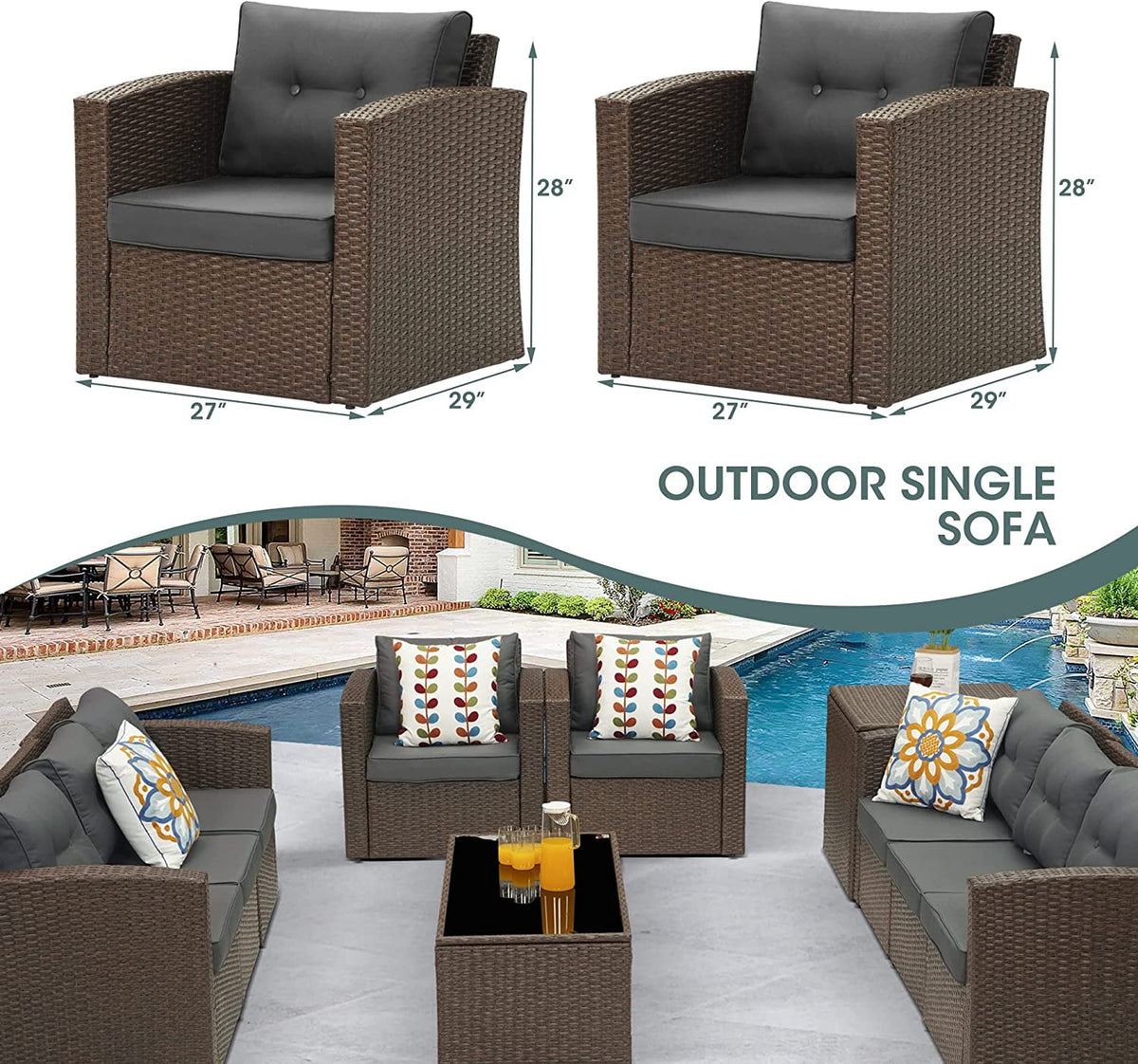 Royalcraft Patio Furniture Set with Cushions, PE Wicker Outdoor Conversation Set Outdoor Sectional Sofa for Garden, Beach, Balcony and Poolside, Aluminum Frame