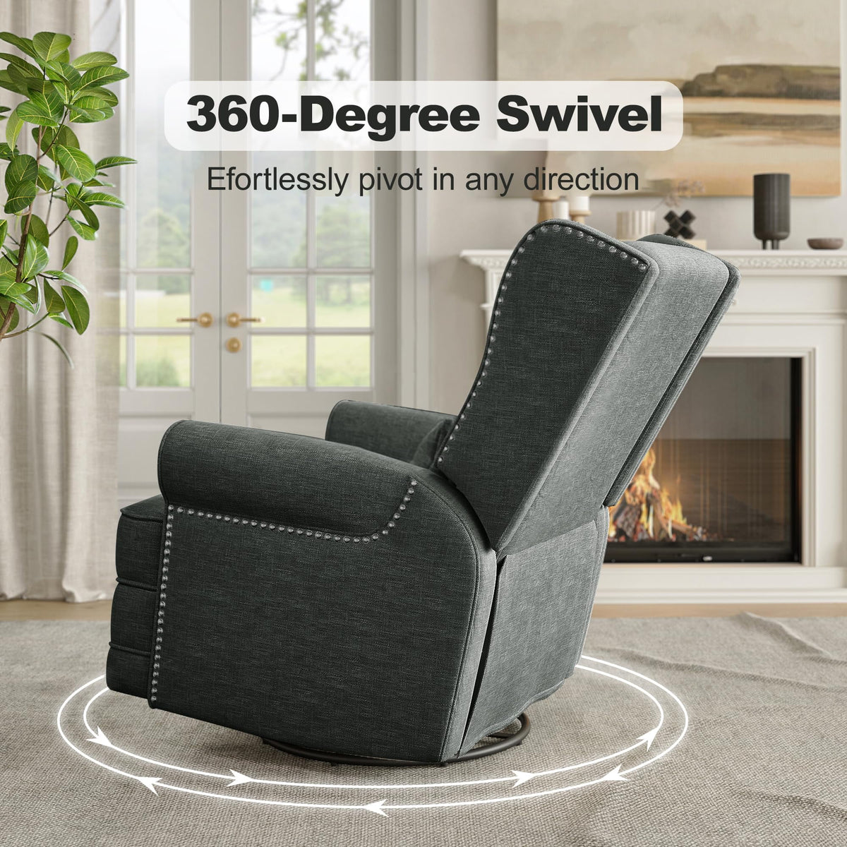 RoyalCraft Swivel Recliner Chair, Comfy Glider Rocking Chairs with Lumbar Pillow and Footrest, Upholstered Swivel Rocking Chair for Bedroom,Nursery, Dark Grey