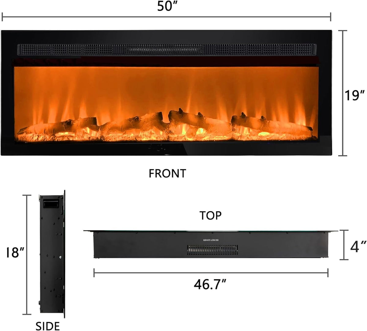 Royalcraft 50 Inch Recessed and Wall Mounted Electric Fireplace, Low Noise Fireplace Heater with 20 Multicolor Flames and 8h Timer, 1400W Heater with Touch Screen and Remote Control, Black
