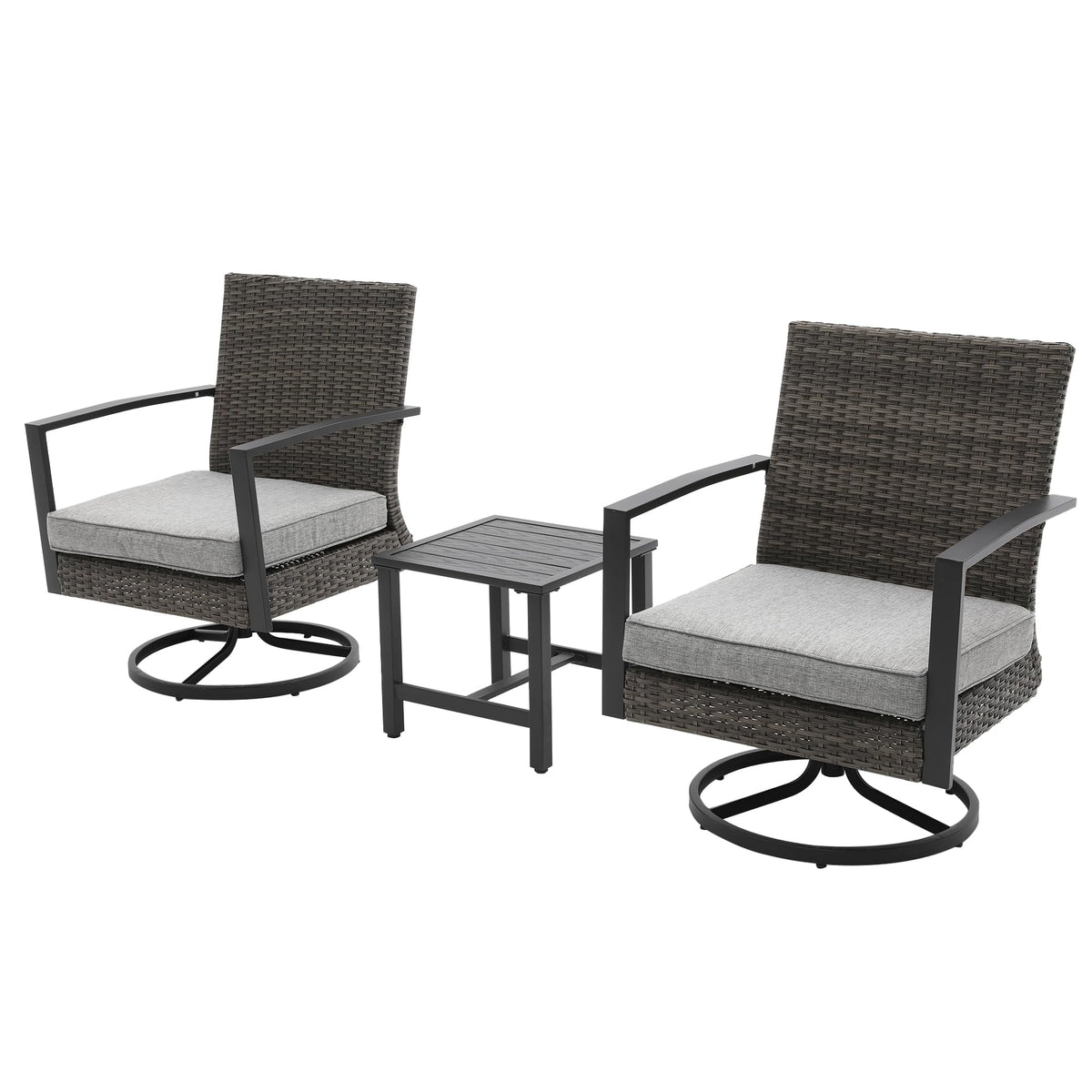 Royalcraft 3 Pieces Patio Bistro Set with Swivel Chair and Small Side Table, All Weather Rattan Chairs with Water-Resistant Cushions & Metal Frame, Outdoor Rocking Chairs, Grey