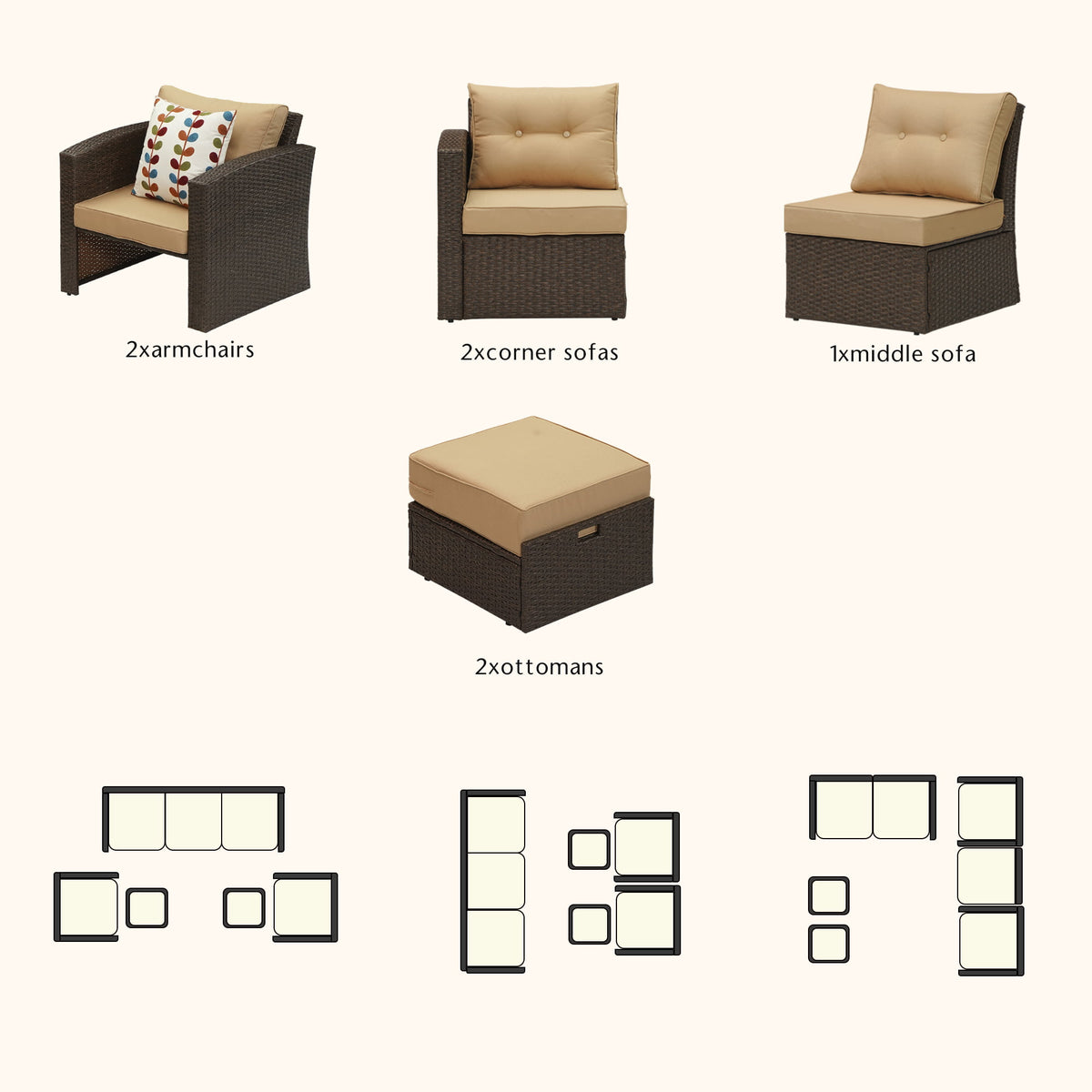 Royalcraft Outdoor Patio Furniture Set,7 Pieces Outdoor Sectional Wicker Sofa PE Rattan Conversation Sets with Non-slip Cushions,Aluminum Frame,Grey