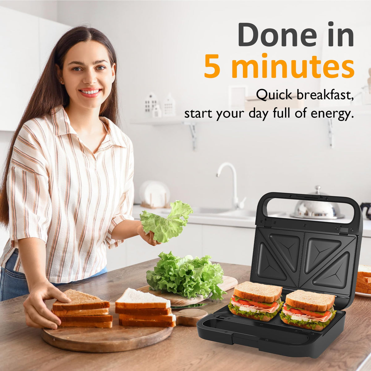 Royalcraft 3 in 1 Sandwich Maker, Electric Waffle Maker with Removable Non-stick Plates, 850W Panini Press Grill with Glass Top, Cool Touch Handle & Easy to Clean, Black