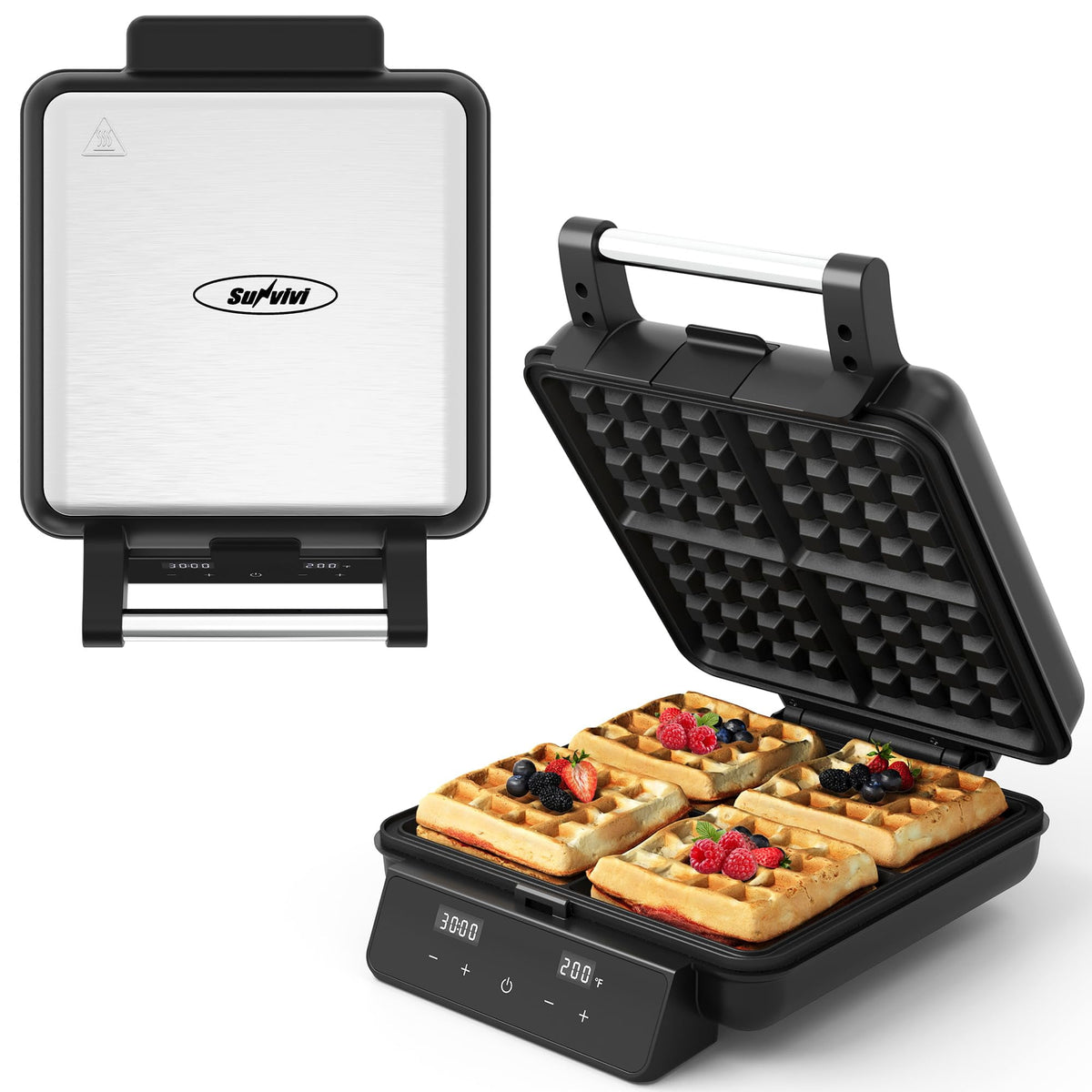 Royalcraft Stainless Steel Waffle Maker 4 Slices with Quick Heat-Up, Time & Temperature Control, LCD Display, Nonstick Surface, Perfect Waffle Iron for Kids and Families, Silver