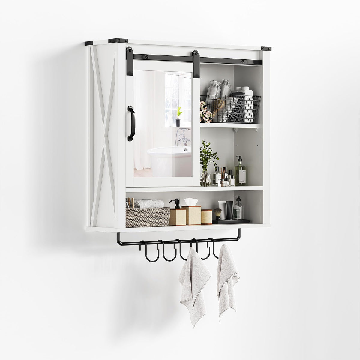 RoyalCraft 28in Bathroom Cabinet Wall Mount with Sliding Mirror Door, Over The Toilet Storage Cabinet, Farmhouse Medicine Cabinet with Shelves and Towel Bar for Living Room, 28" W x 29" H, White
