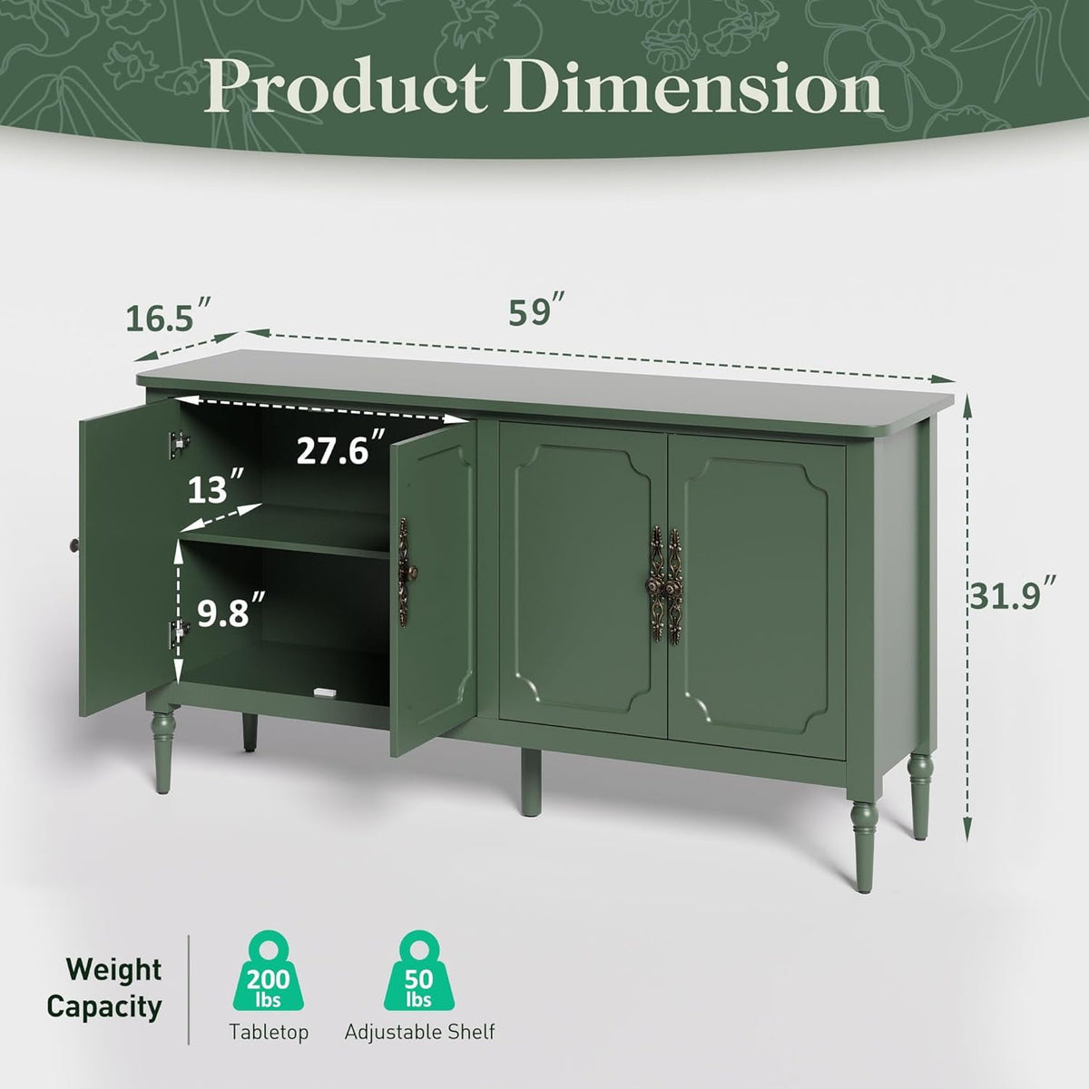 Superjoe Console Cabinet, 58'' Mid Century Modern Pantry Cabinet, Wood Buffet Cabinet, Media Cabinet with 4 Doors, Accent Cabinet for Entryway, Living Room, Bedroom, Dining Room (Green)