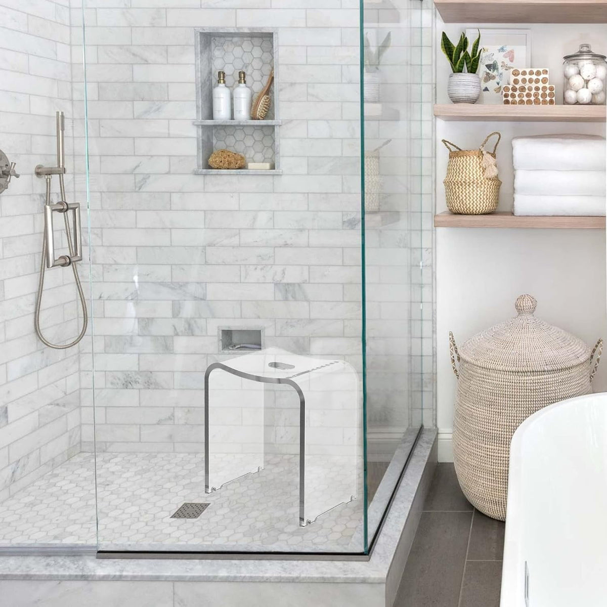 CozyHom Acrylic Shower Stool, Modern Shower Bench with Curved Seat & Water Leaking Hole, Shower Stool for Inside Shower with Anti-Skip Feet & 300LBS Weight Capacity