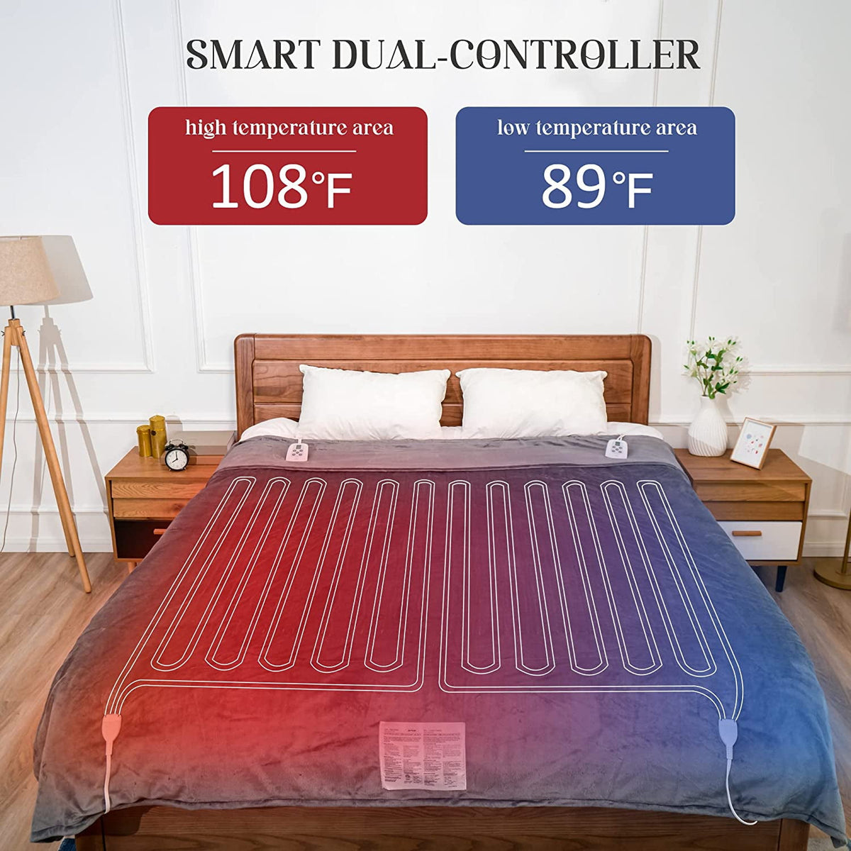 Royalcraft Electric Blanket Queen Size 84"x90" Flannel Heated Throw Blanket, Dual Controls Setting Electric Blanket, 10 Heating Levels, 12H Auto-off, Grey electric blanket