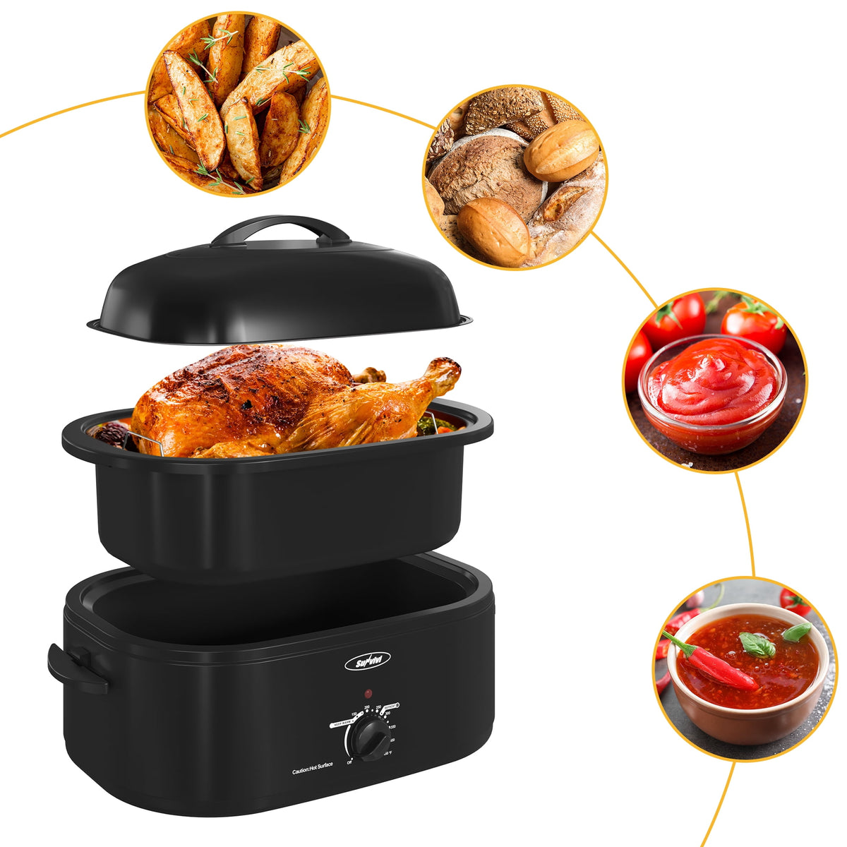 RoyalCraft 20 Quart Electric Turkey Roaster Oven with Visible Glass Lid, with Removable Pan & Rack, Stainless Steel, Black