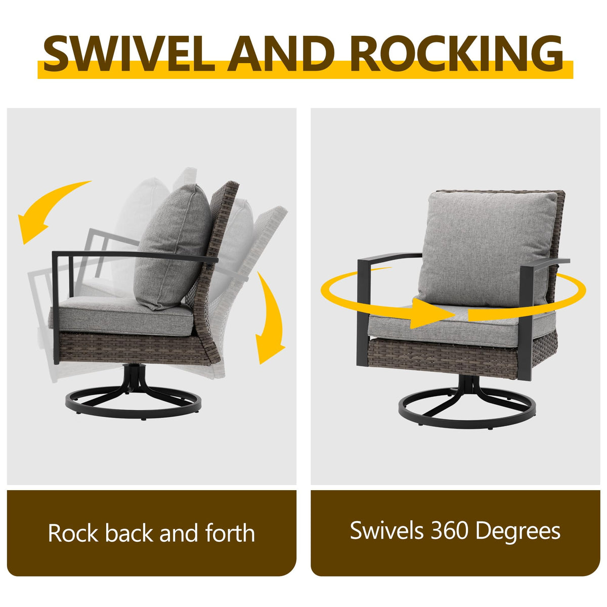 RoyalCraft Royalcraft Patio Swivel Dining Chairs with 360-Degree Rotating, All Weather Rattan Chairs with Water-resistant Cushions & Metal Frame, Modern Outdoor Rocking Chair for Porch, Bistro, Balcony,Grey