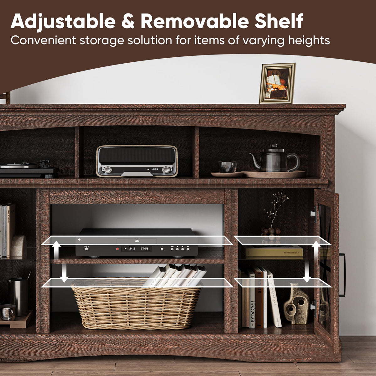 Royalcraft 55'' Farmhouse TV Stand, Retro TV Console with Glass Doors & LED Lights, Media Entertainment Center Table with Adjustable Shelves for 23'' Fireplace, Suitable for Living Room, Brown