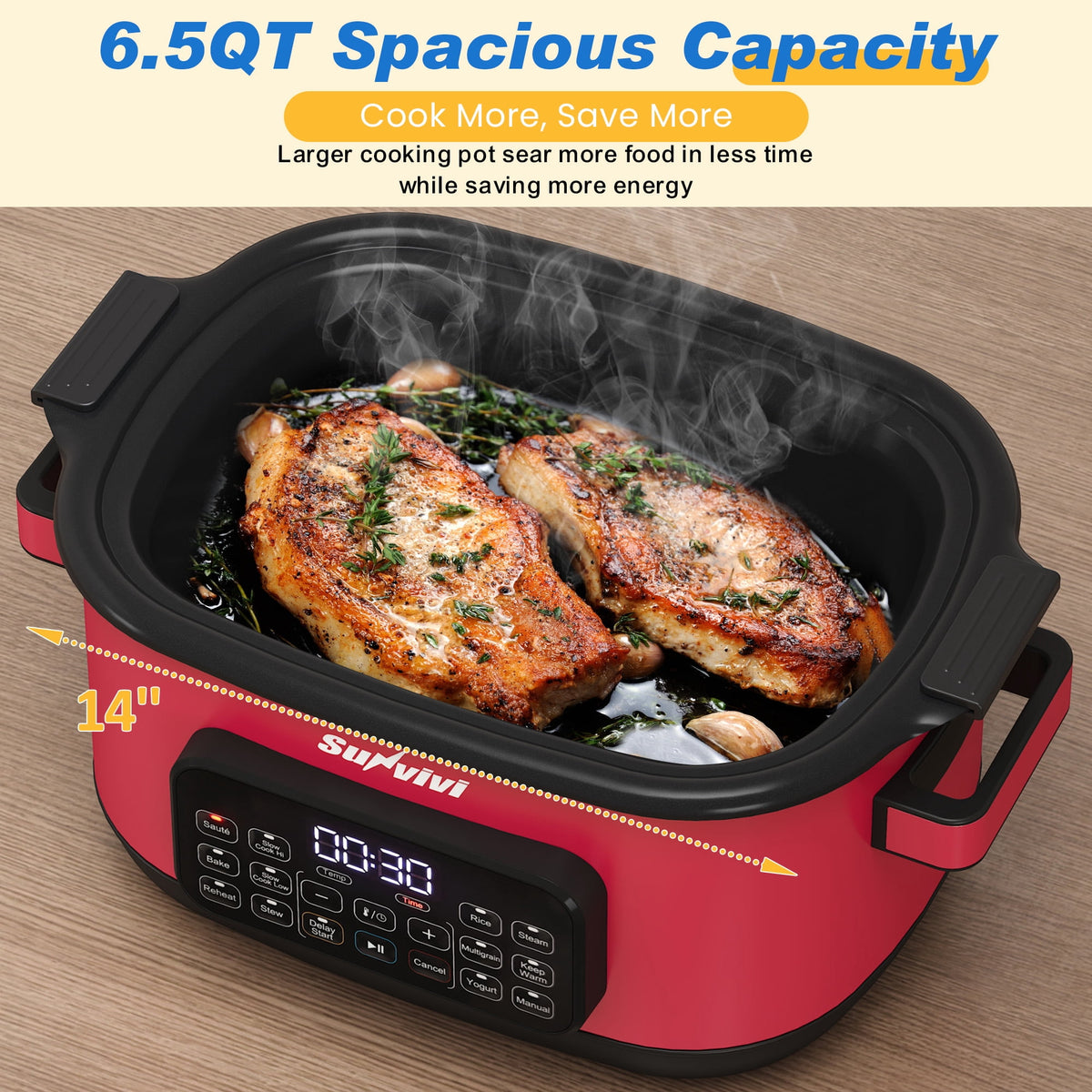 Royalcraft 12-in-1 Digital Programmable Slow Cooker, 6.5 QT Large Multicooker, Multi-Cooker with Timer, Temp Control, Red