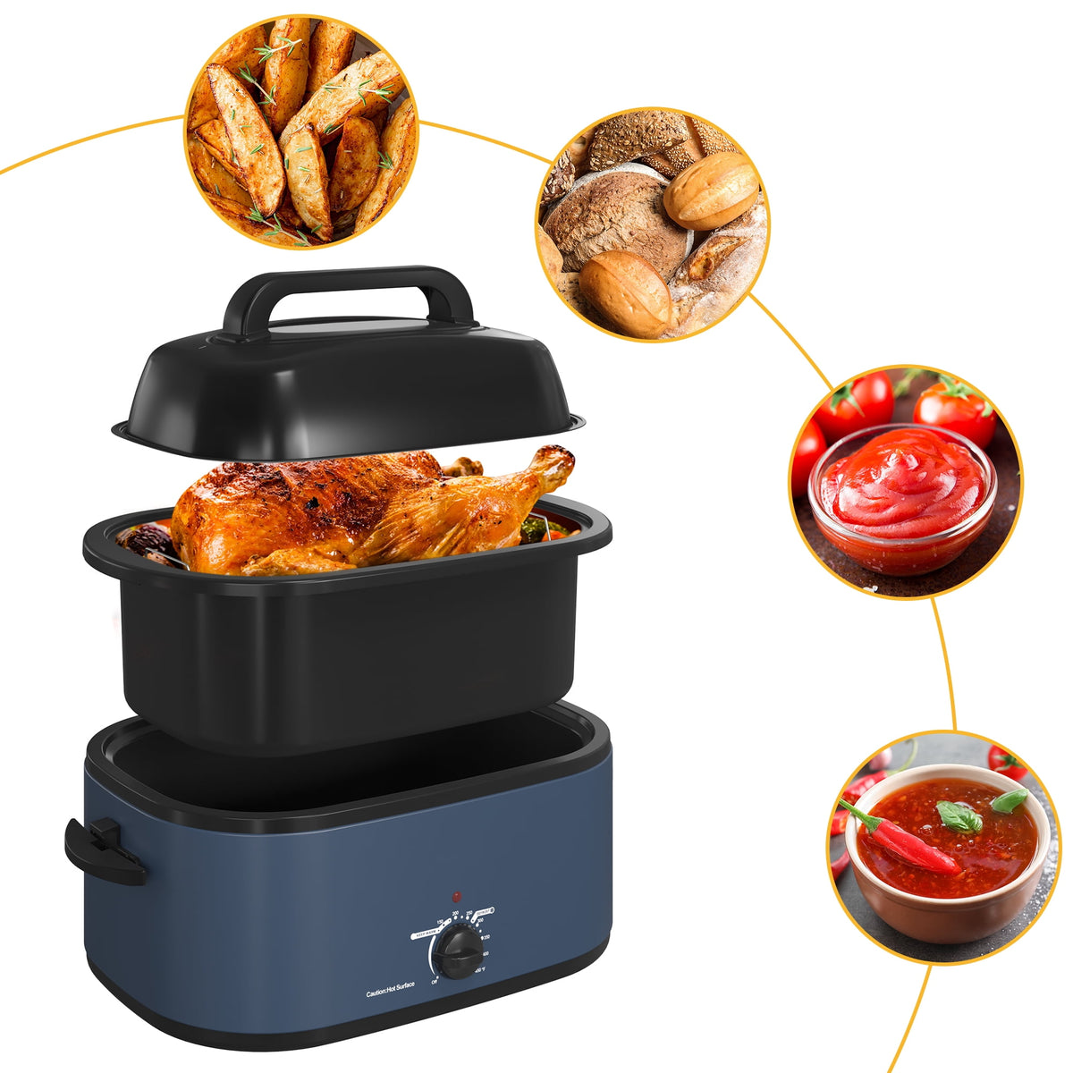 26 Quart Electric Turkey Roaster Oven with Visible Glass Lid,Removable Pan & Rack, Stainless Steel,Blue
