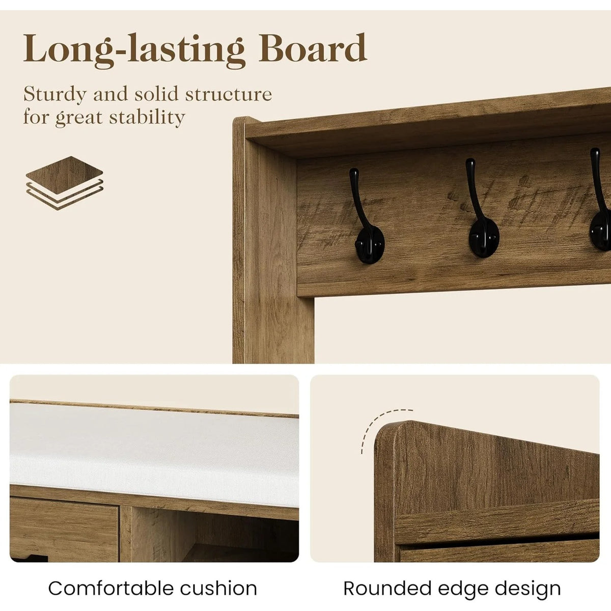 Royalcraft 7-in-1 Hall Tree with Hidden Shoe Storage, Entryway Bench with Coat Rack and Pegboard, Multifunctional Coat Rack with Bench Mudroom Storage