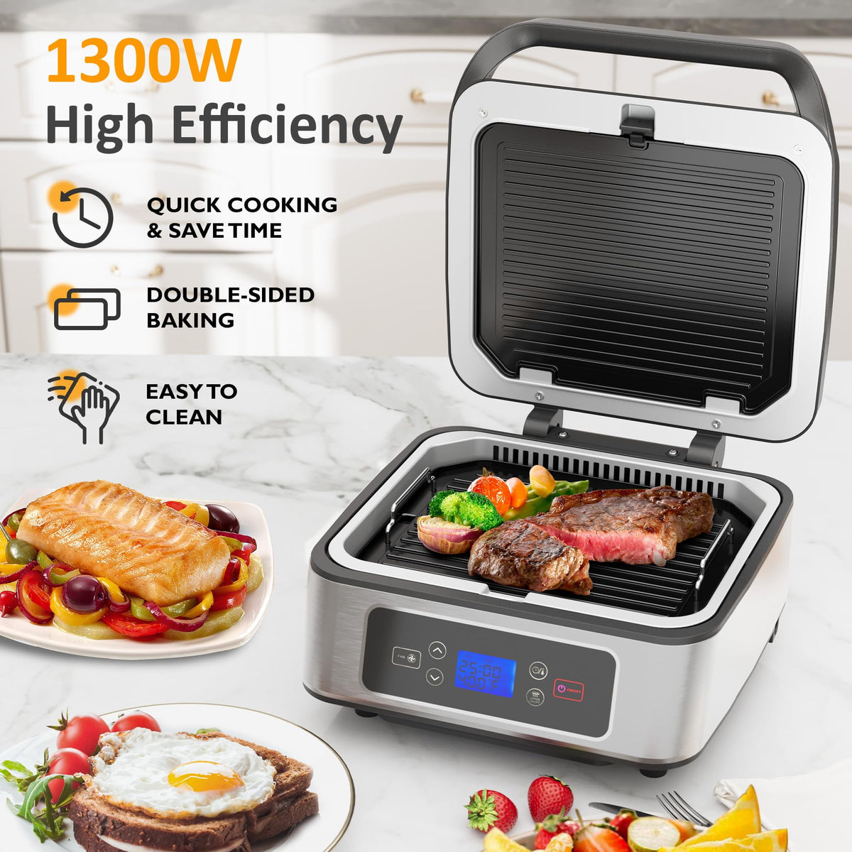 Royalcraft 1300W Smokeless Indoor Grill, Electric Panini Press Sandwich Maker with Auto-Lift, Fan, Independent Upper Heating, Smart Time & Temperature Control, Removable Non-Stick Plates