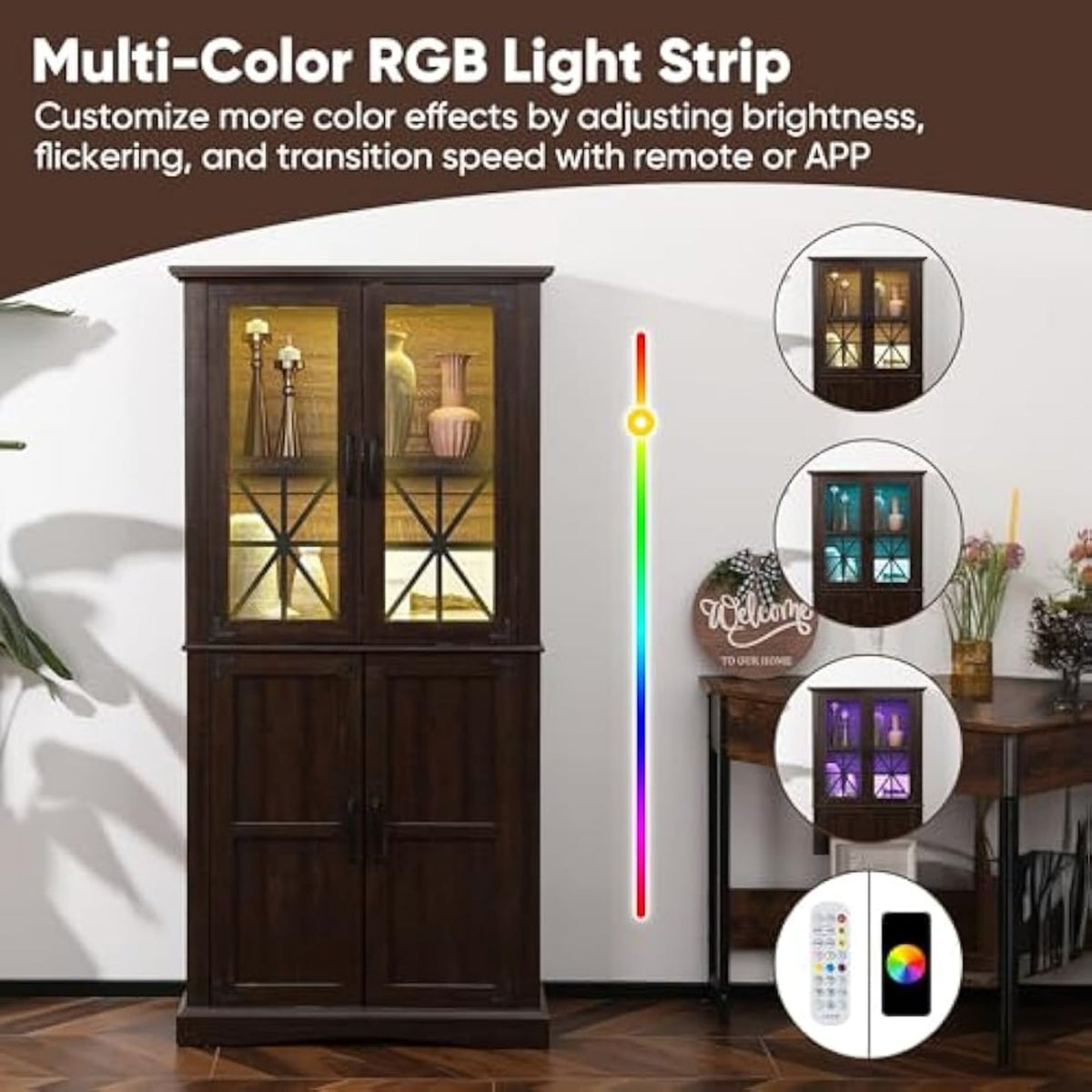 CozyHome 69'' Tall Farmhouse Storage Cabinet, Retro Display Cabinet with RGB Lights, Freestanding Kitchen Pantry Cabinet, Living Room, Home Office, Brown