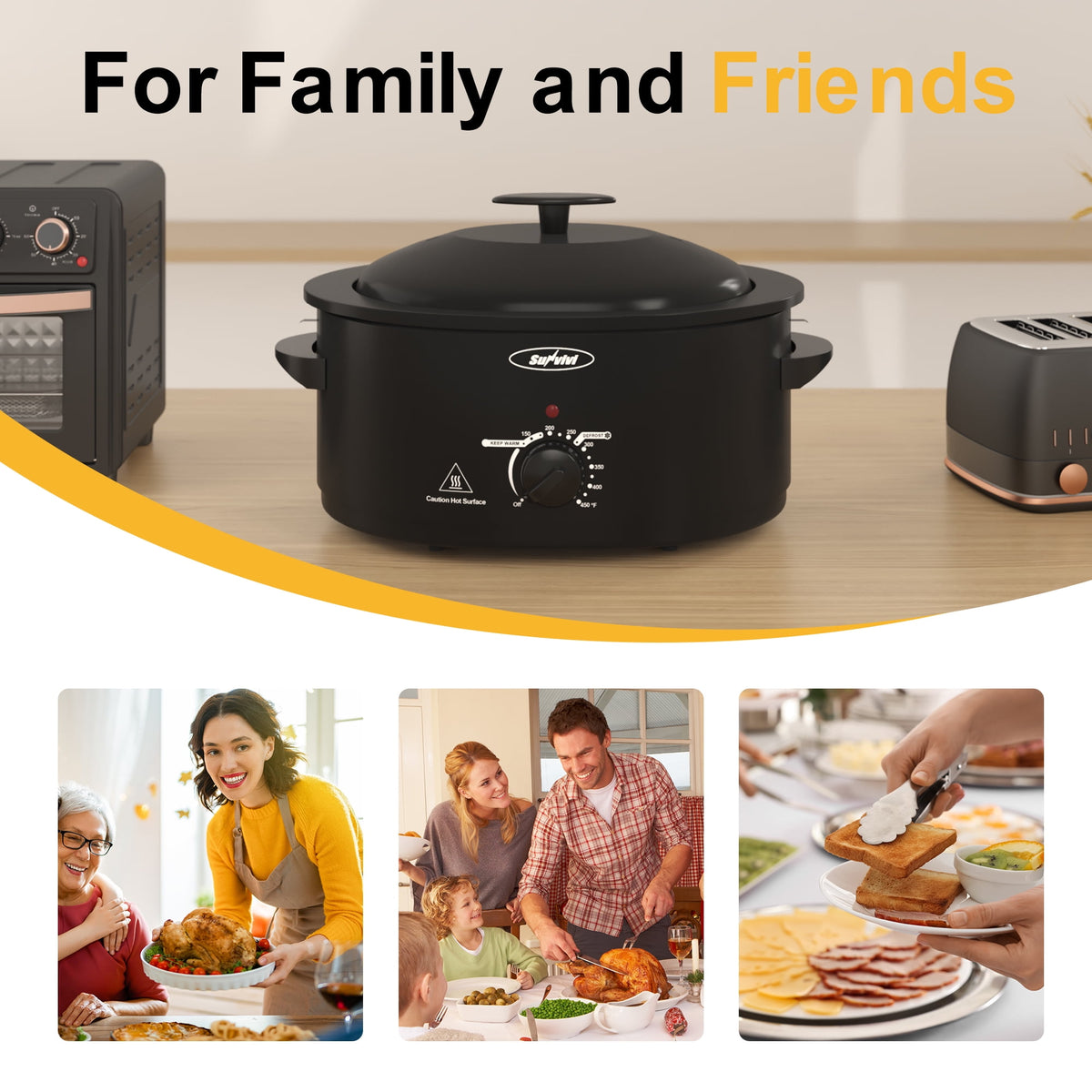 Royalcraft Roaster Oven with Self-Basting Lid, 8qt Electric Roaster with Removable Pan & Rack, Turkey Roaster Oven with Defrost & Warm Function, Stainless Steel, Black