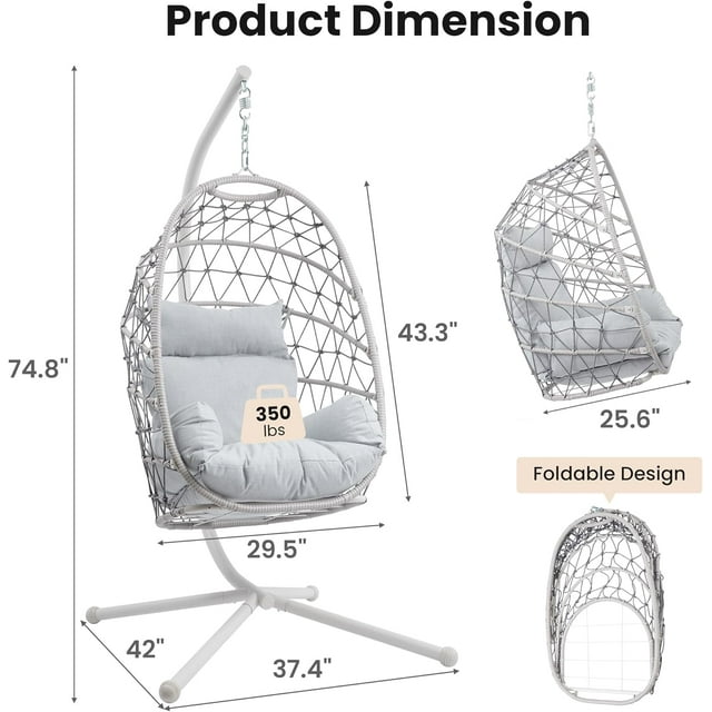 RoyalCraft Hanging Egg Chair Outdoor Swing Chair, Hammock Chair With Stand Indoor, Patio Boho Wicker Hanging Chair with Stand 350lbs Capacity for Garden, Balcony, Bedroom, Beige & Gray