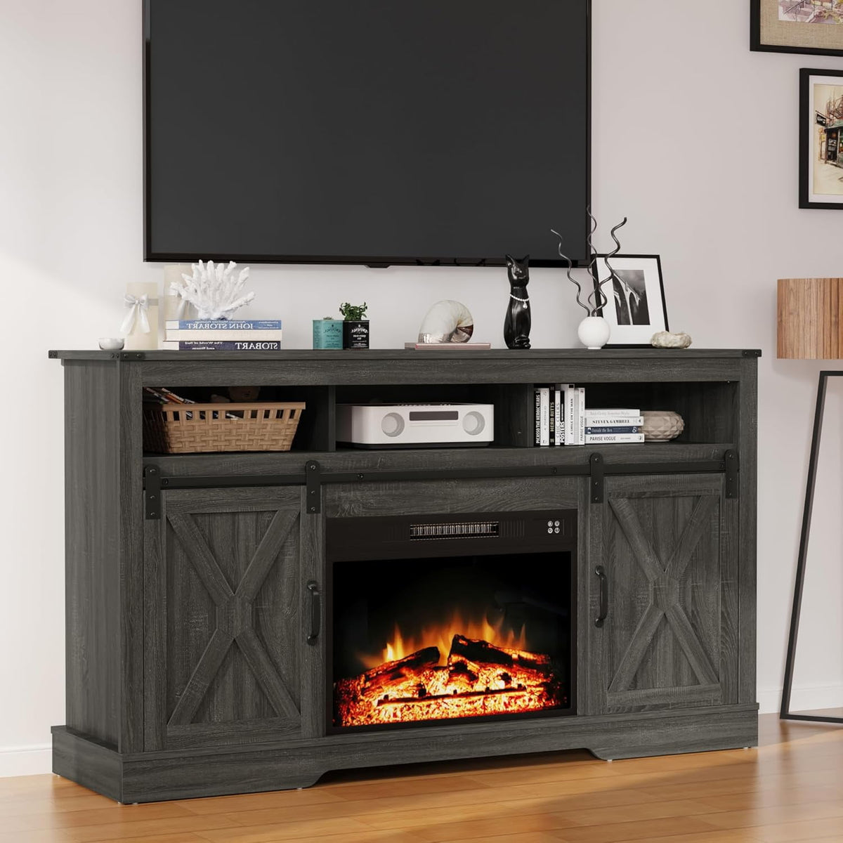 Heynemo 23 Inch Electric Fireplace Insert for TV Stand, Recessed Mounted Fireplace Heater with 3D Multicolor Flames and Timer, 1400W Free Standing Heater with Remote Control, Low Noise, Black