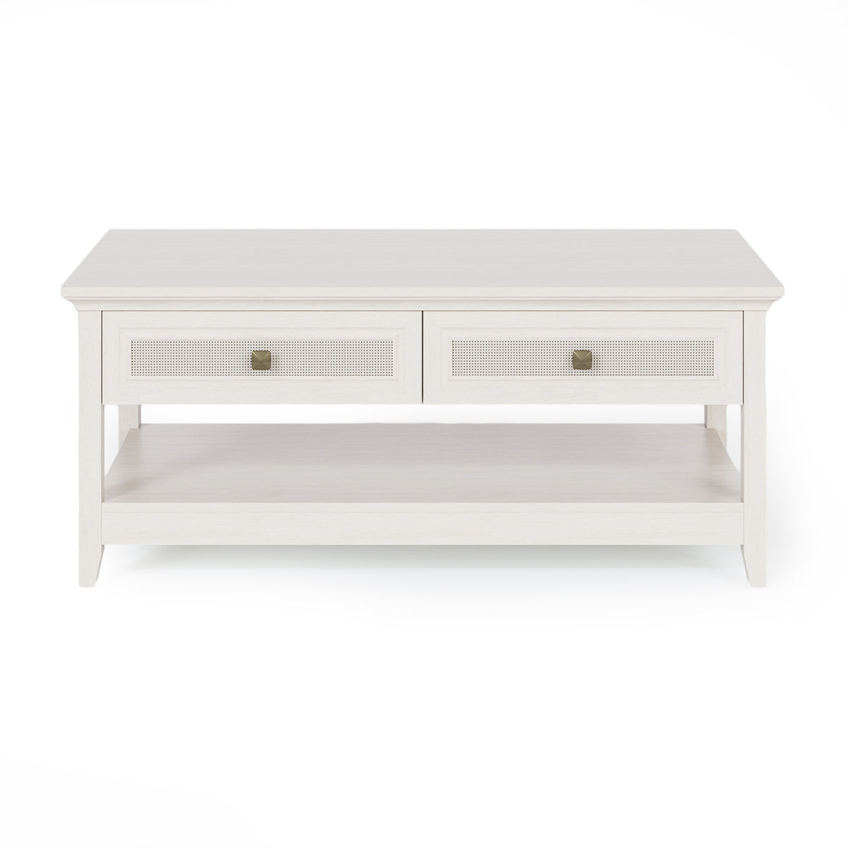 Royalcraft Farmhouse Coffee Table, Boho Tea Table with 2 Rattan Decor Drawers, Accent Center Sofa Table with Storage Shelf, 2 Tier Coffee Table for Bedroom, Living Room, Home Office, Grayish White