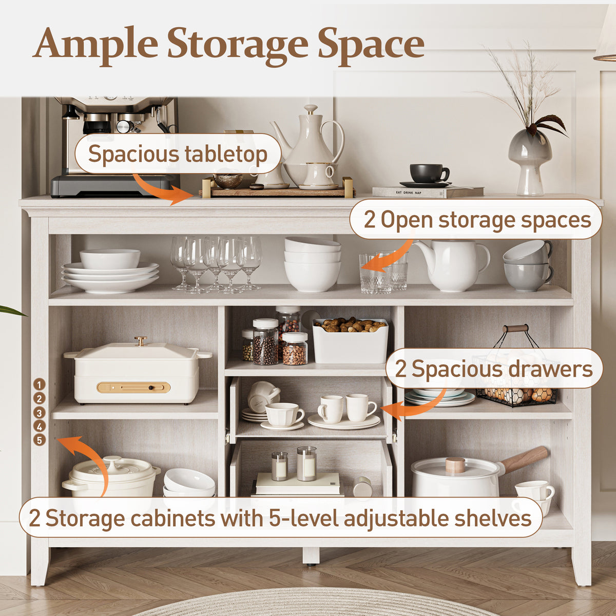 Royalcraft Farmhouse Rattan Storage Cabinet, Boho Sideboard Cabinet with Doors & Drawers, Buffet Cabinet with Adjustable Shelves, Accent Cabinet for Kitchen, Dining Room, Living Room, Grayish White