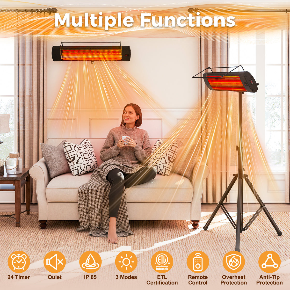 Outdoor 1500W Patio Heater, Electric Outdoor Heater with 24H Timer, IP65 Waterproof, Wall Mounted/Ceiling/Tripod Infrared Heater Outdoor, Electric Infrared Heater for Garage, Backyard, Porch