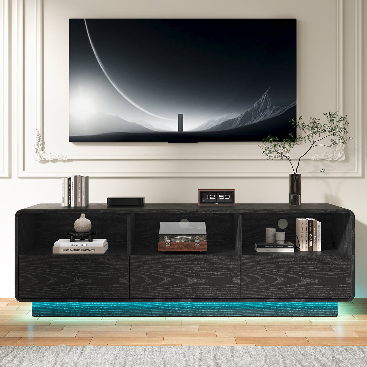 Royalcraft 59" Modern TV Stand with LED Lights, Floating Bohemian Wood Entertainment Center with Storage Drawers for Living Room & Bedroom