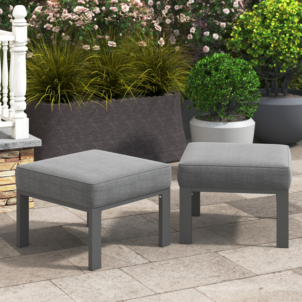 Royalcraft Patio Furniture Footstools Metal Ottomans Set of 2, Metal Outdoor Ottomans with Upgraded Cushions, All-weather Outdoor Footrest Seat for Balcony, Garden, Deck, Backyard, Black