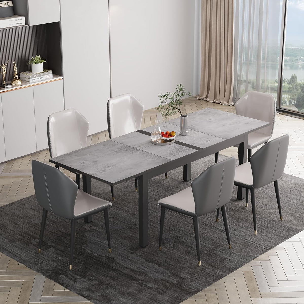 92” Dining Room Table for 4-10 People, Large Extendable Dining Table, Rectangular Aluminum Kitchen Table for Living Room, Office Area, Grey