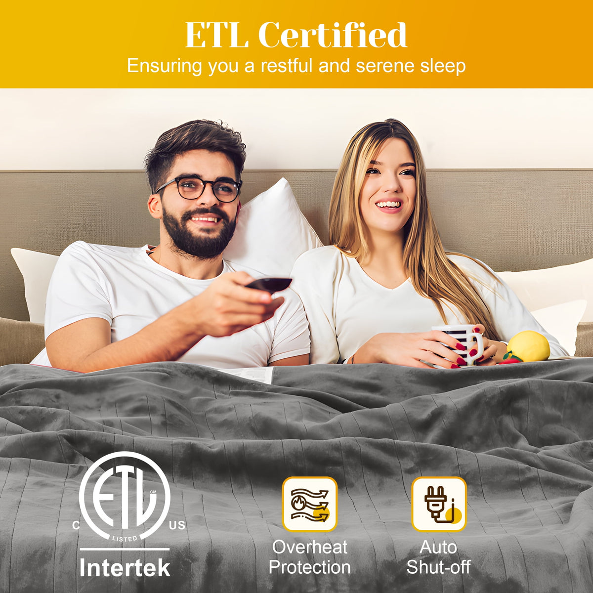 RoyalCraft Electric Heated Blanket, 84" x 62" Twin Size Electric Blanket with 10 Heating Levels and 12 Hours Auto-Off, Soft Flannel and Sherp Blanket with ETL & FCC Certification, Grey