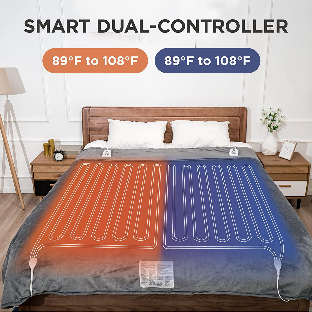 Royalcraft Electric Blanket Queen Size 84"x90" Flannel Heated Throw Blanket, Dual Controls Setting Electric Blanket, 10 Heating Levels, 12H Auto-off, 5 Years Warranty, Machine Washable - Beige