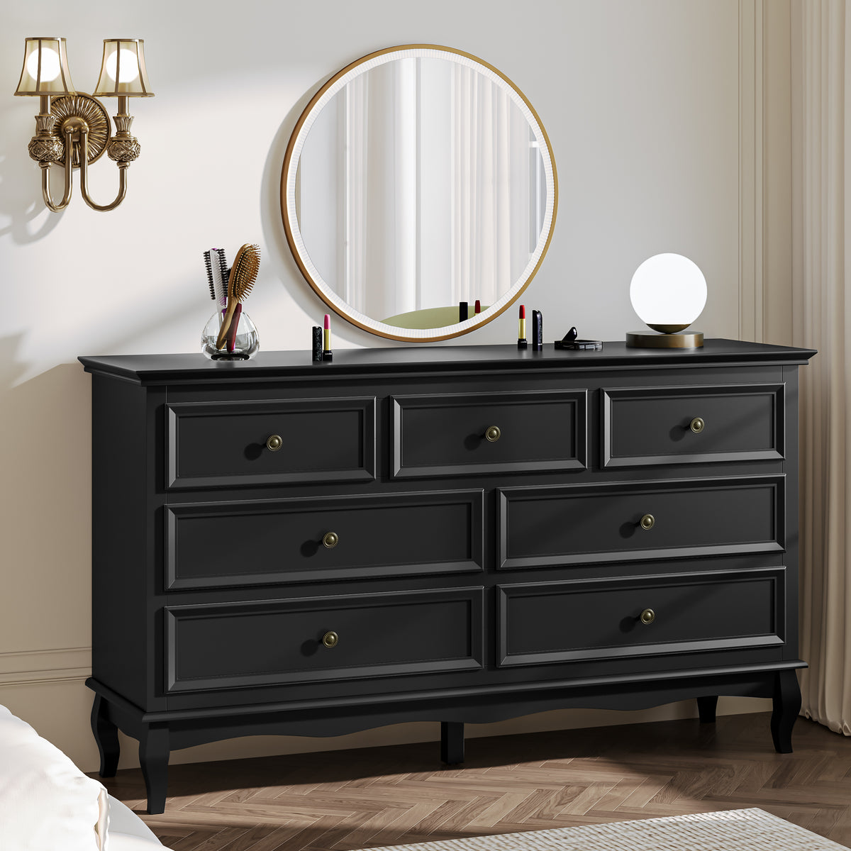 Royalcraft Dresser for Bedroom, 7 Drawers Dresser with Distinctive Wooden Legs & Black Paint Finish, Black Drawer Dresser with Spacious Storage Space for Bedroom, Living Room, Hallway